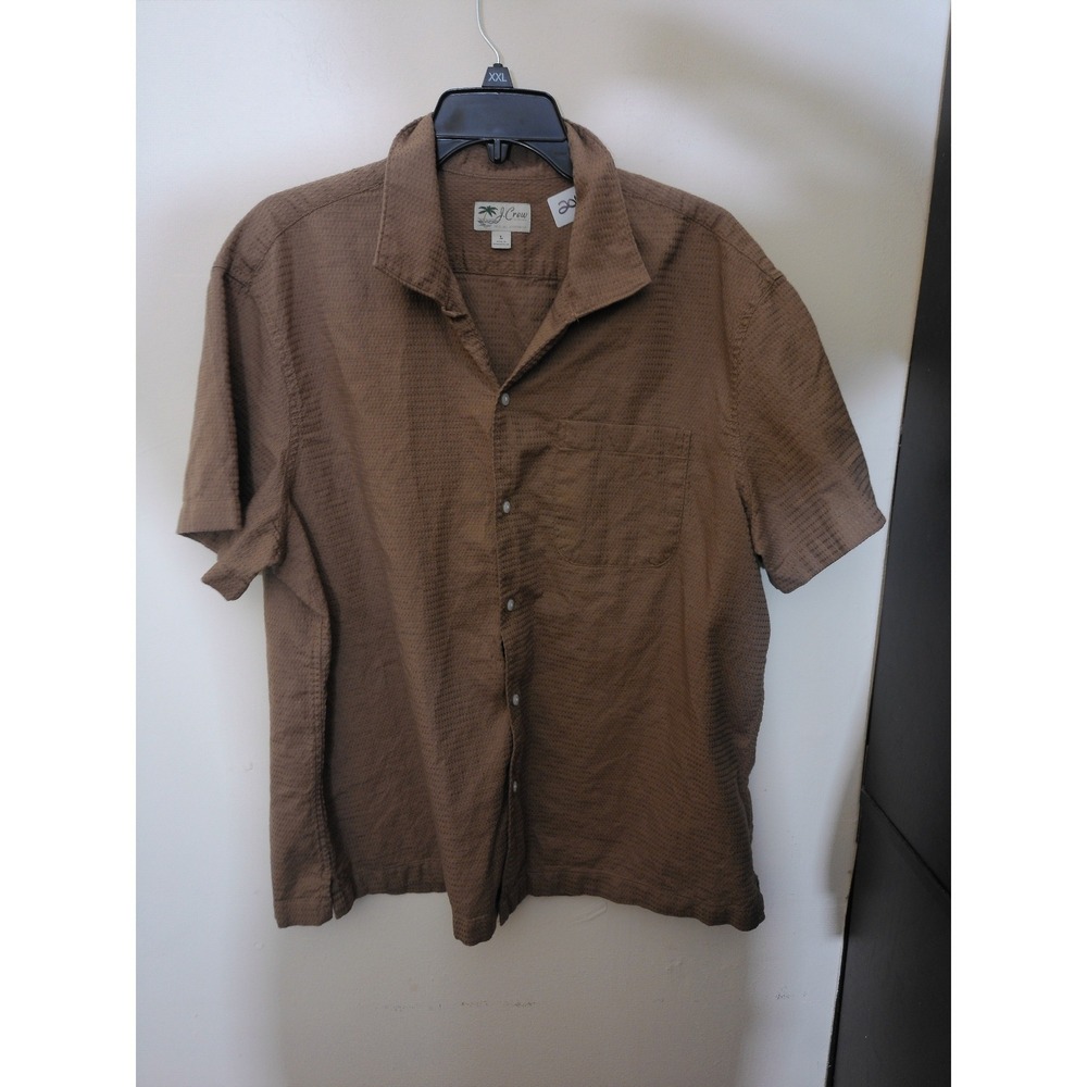 J.Crew Button Down Mens L Brown Textured Seersucker Short Sleeve Camp Shirt 2046